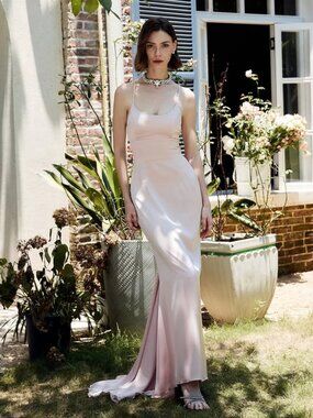 Commense Backless Lace-Up Satin Maxi Dress Pink Size L NWT